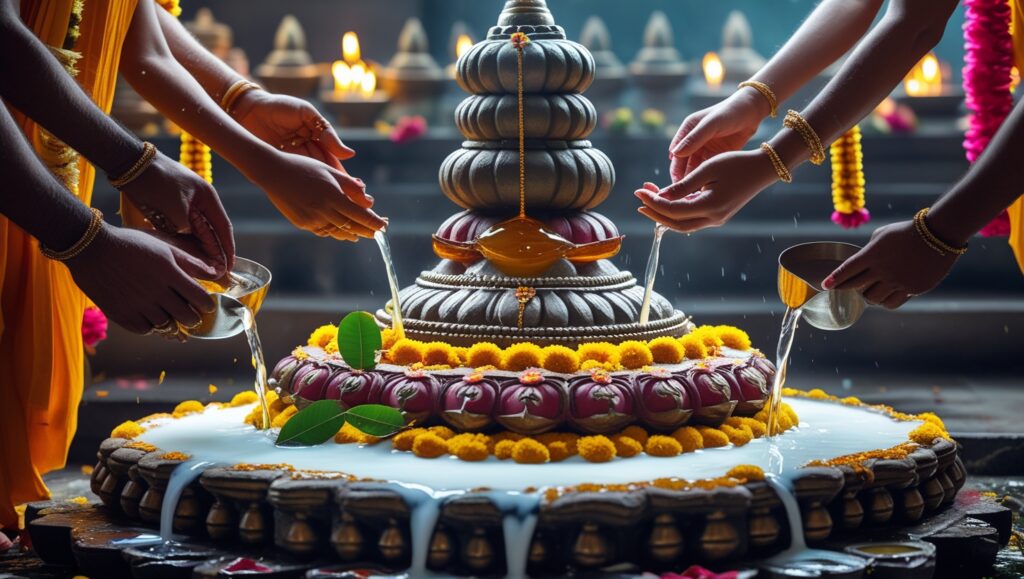 A decorated Shivling being worshipped with milk, honey, and bel leaves, symbolizing devotion and traditional rituals during Mahashivaratri celebrations.